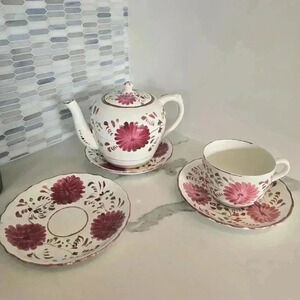 Staffordshire Cup & 3 Saucers with Pink Flowers c.1850